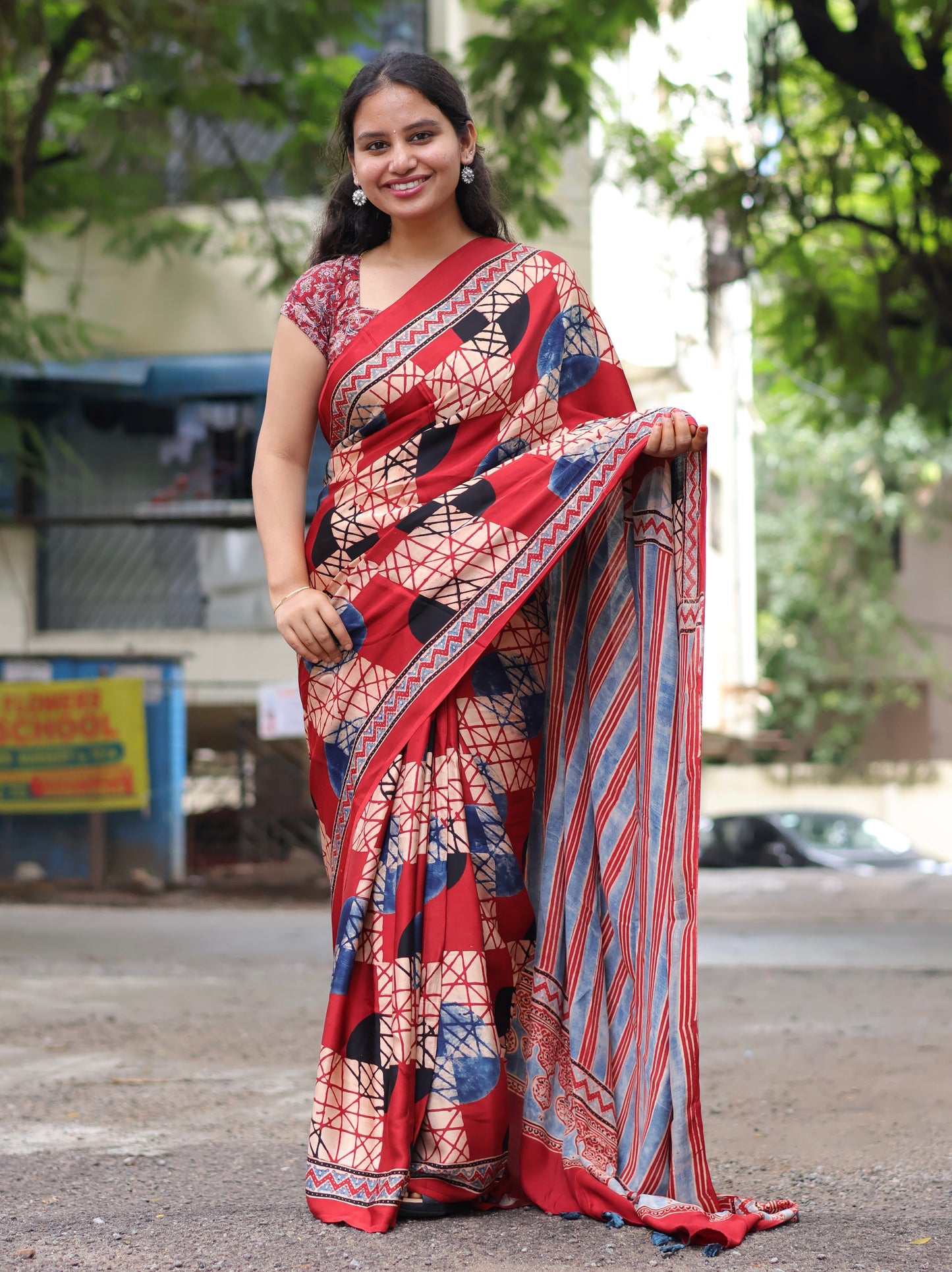 Red Ajrakh Modal Silk Saree