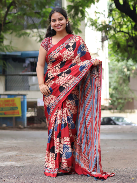Red Ajrakh Modal Silk Saree