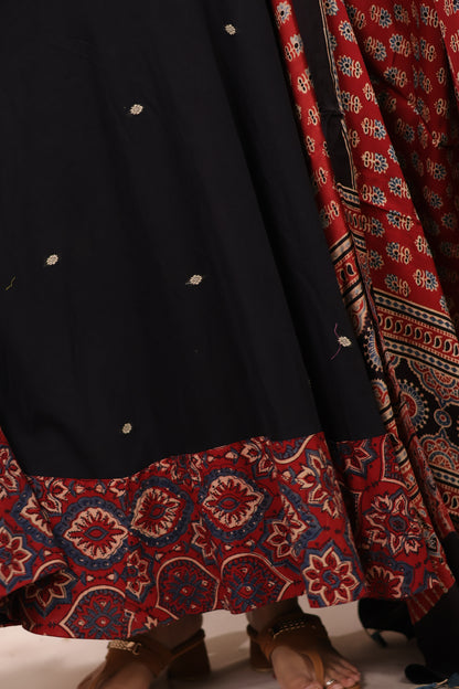 Black Ajrakh Patch Work Narayanpet Cotton Anarkali Dress with Ajrakh Modal Silk Dupatta | Looms & Tassels