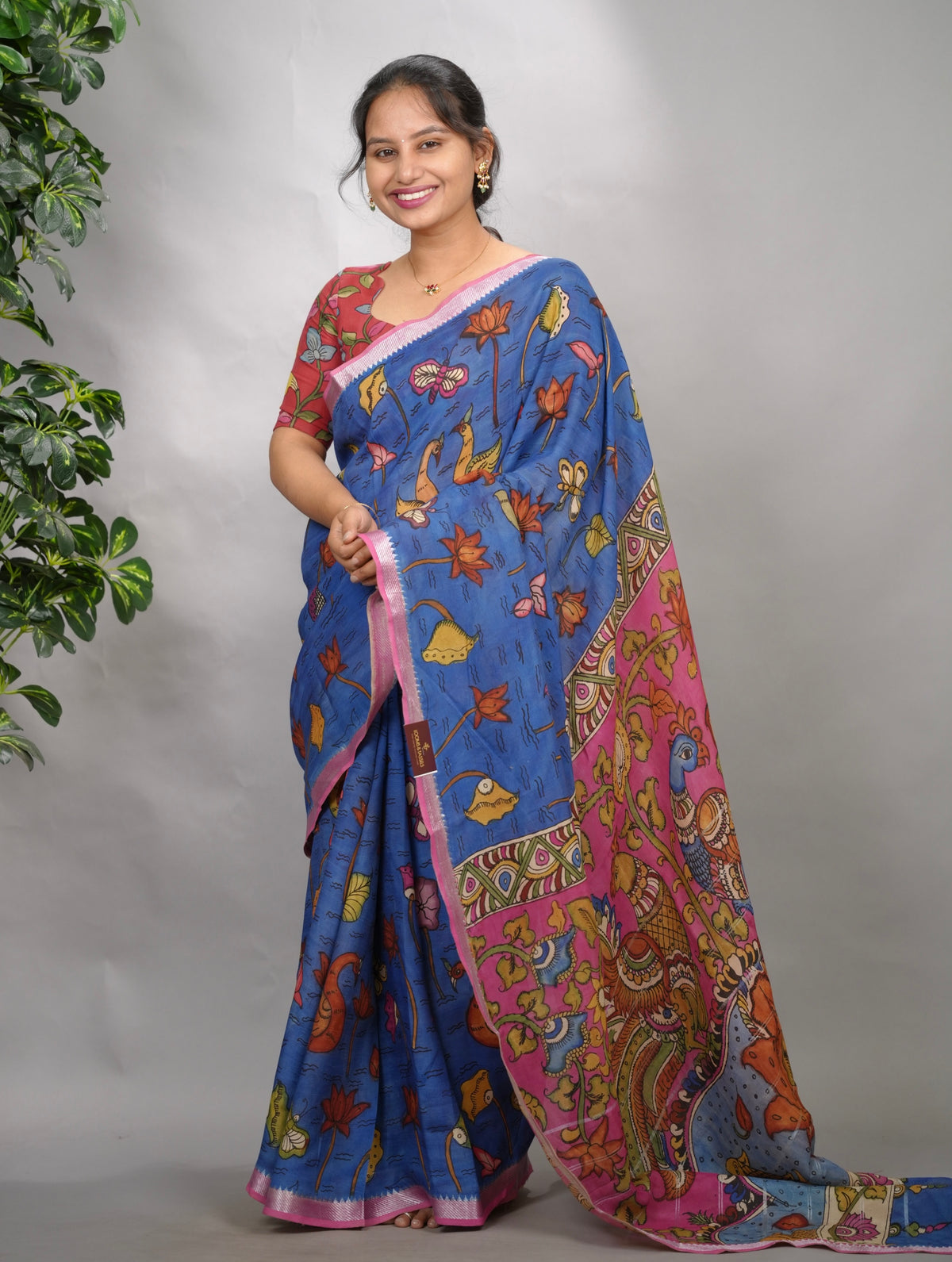 Blue Hand Drawn Pen Mangalagiri Silk Saree | Looms & Tassels