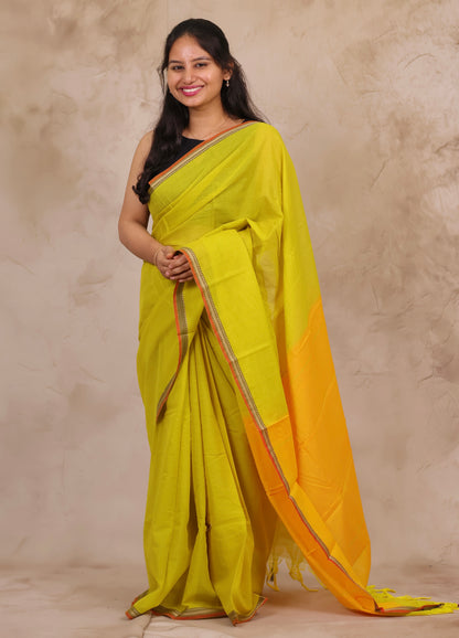 Lemon Yellow Narayanpet Cotton Saree | Looms & Tassels
