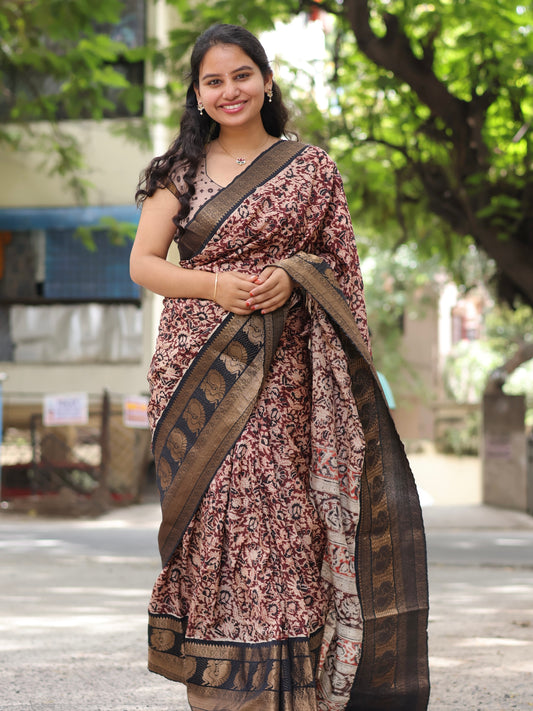 Brown & Black Kuppadam Border Kalamkari Uppada Silk Saree