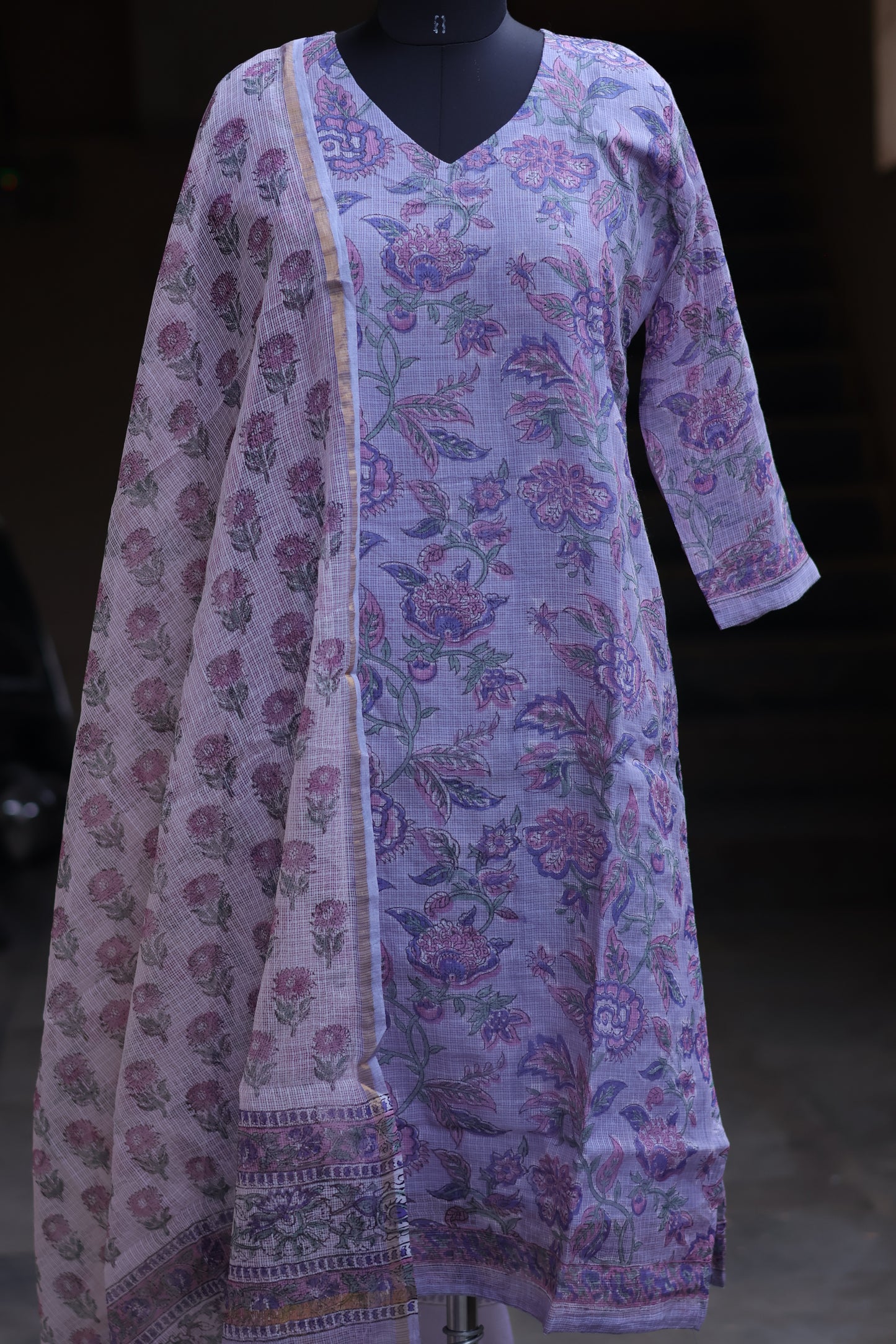 Pastel Lavender Handblock printed kota 3 piece suit (stitched)