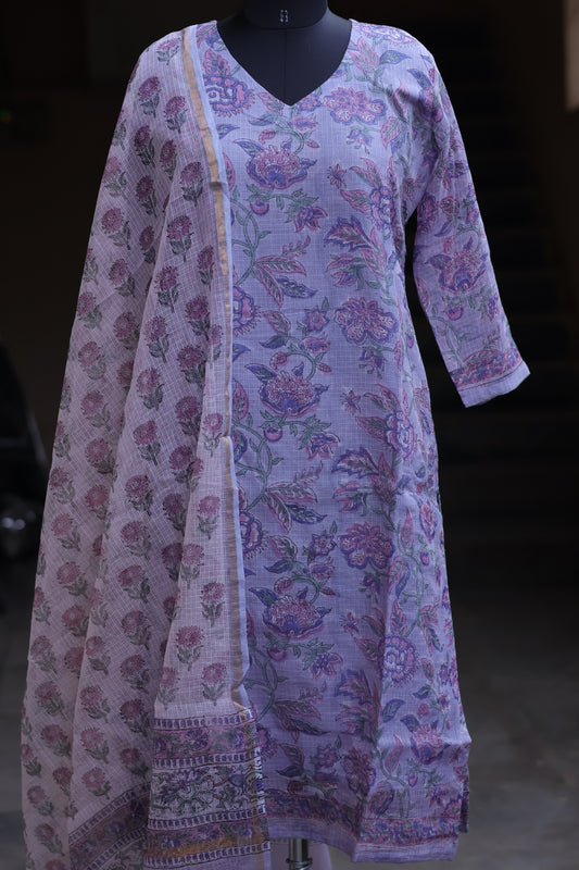 Pastel Lavender Handblock printed kota 3 piece suit (stitched)