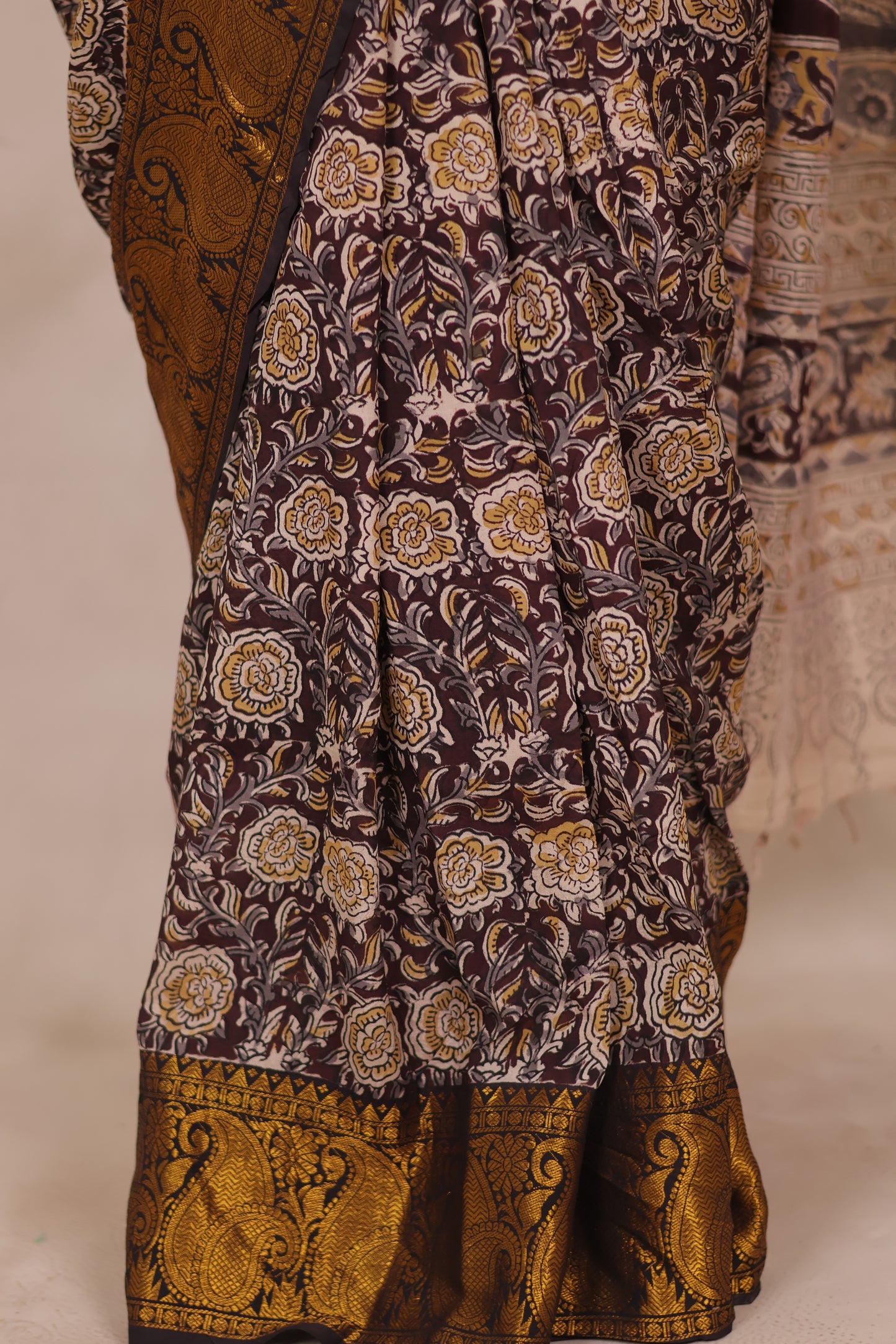 Hand Block Printed Kalamkari Kanchi Border Silk Saree
