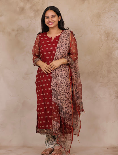 Deep Maroon Handblock printed kota 3 piece suit (stitched)