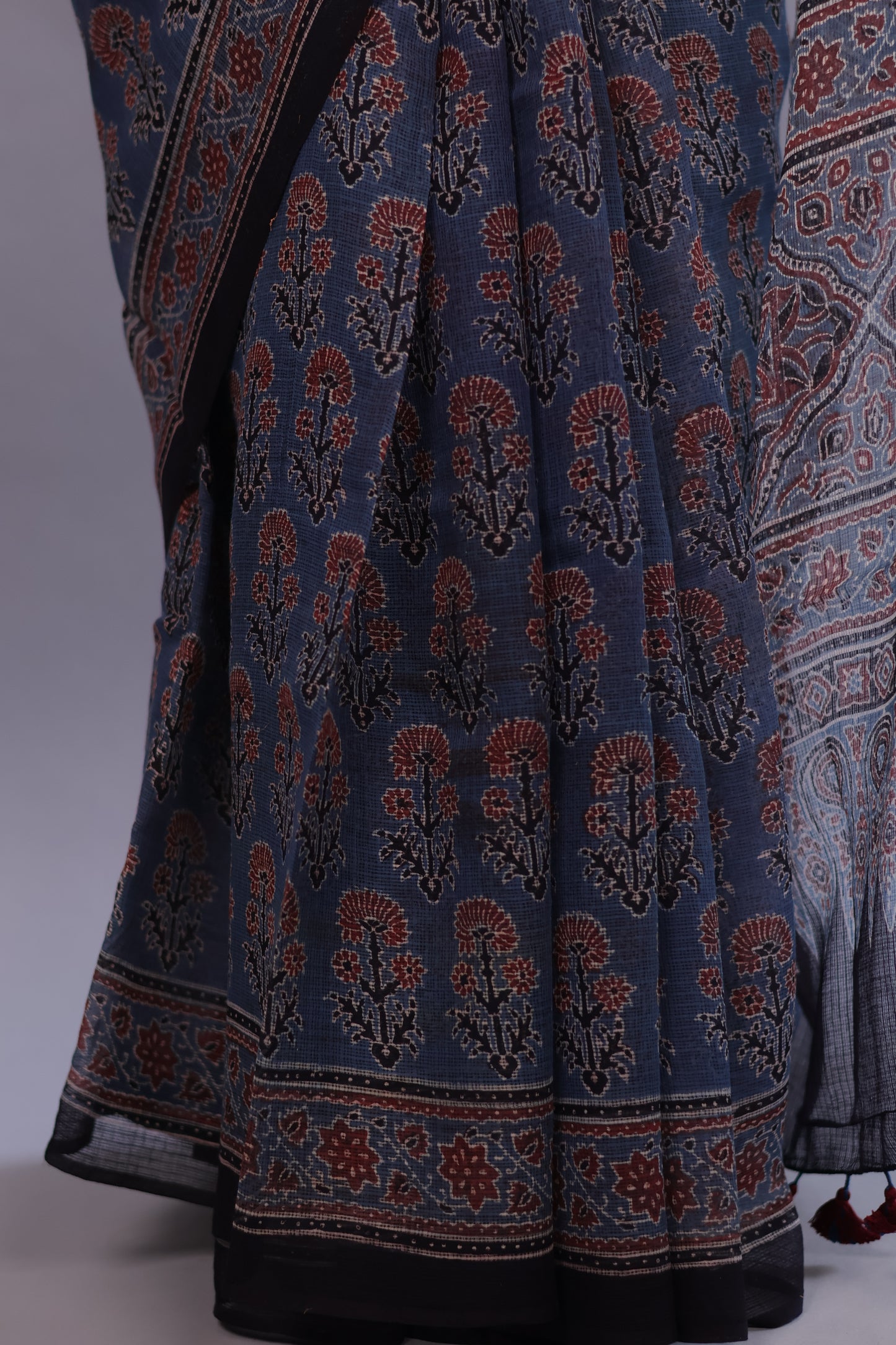 Indigo Ajrakh Hand Block Printed Kota Doria Saree | Looms & Tassels