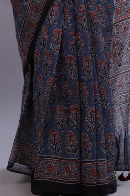Indigo Ajrakh Hand Block Printed Kota Doria Saree | Looms & Tassels