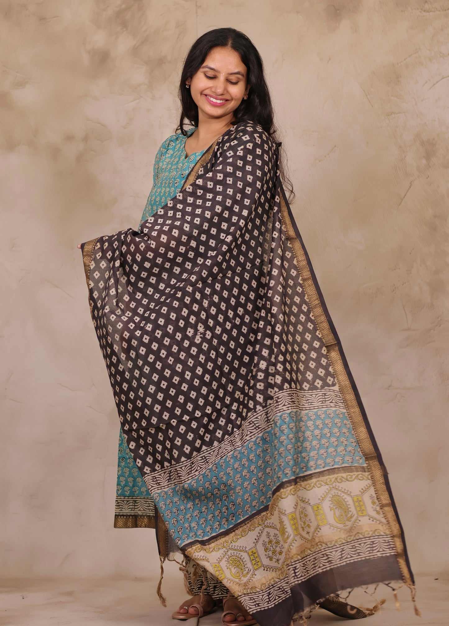 Powder Blue Handblock printed Pure Maheswari Silk 3 piece suit (stitched)