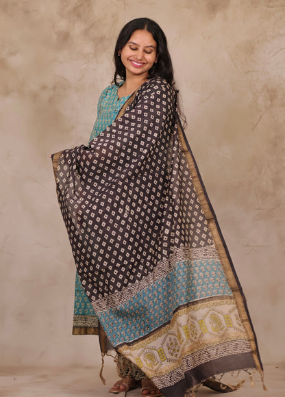 Powder Blue Handblock printed Pure Maheswari Silk 3 piece suit (stitched)