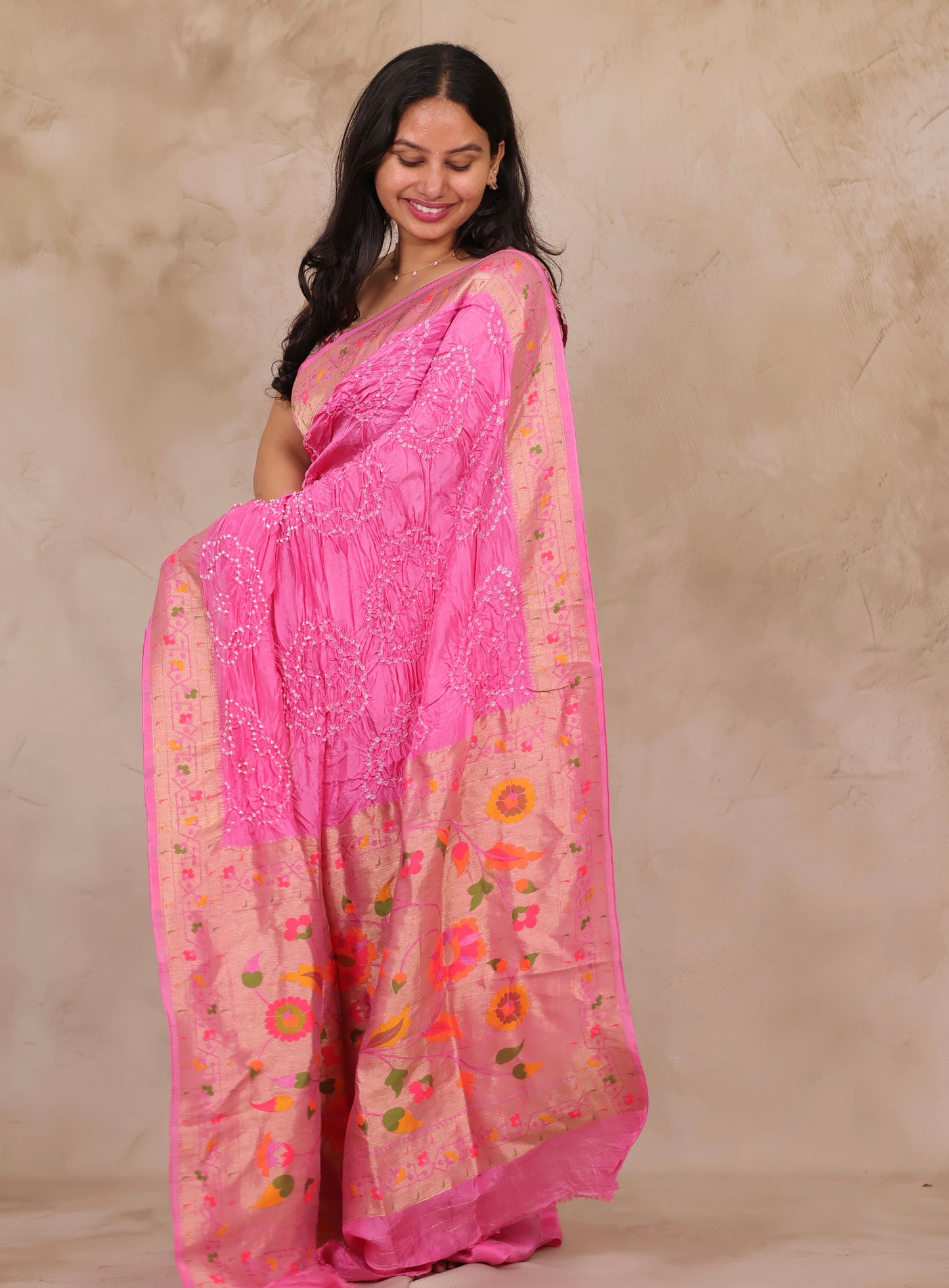 Pink Handcrafted Pattern Bandhani Paithani Dola Silk Saree | Looms & Tassels