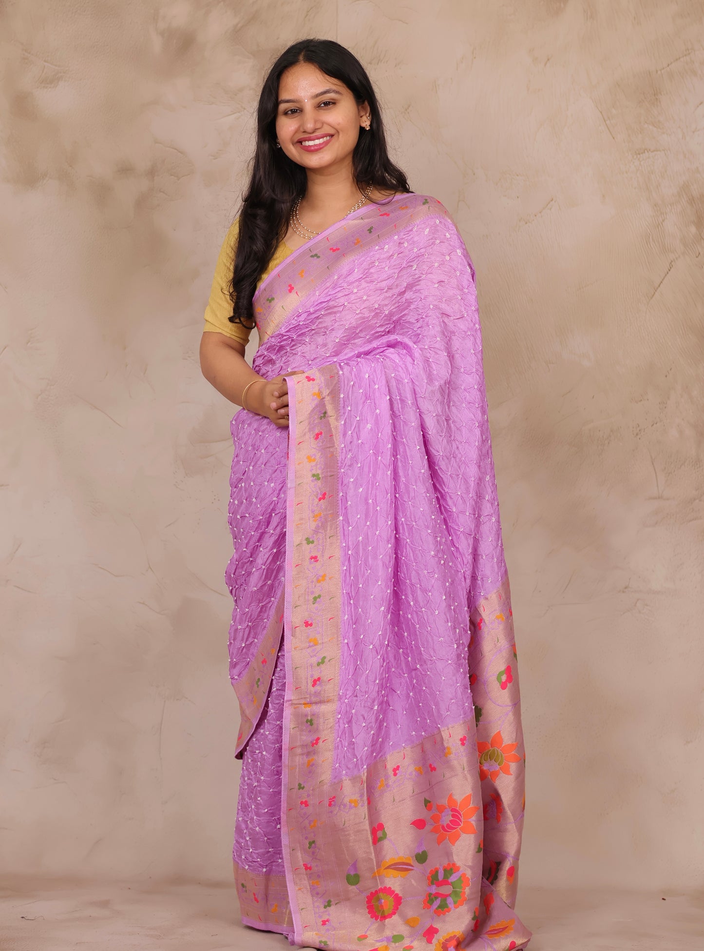 Orchid Pink Handcrafted Bandhani Paithani Dola Silk Saree | Looms & Tassels