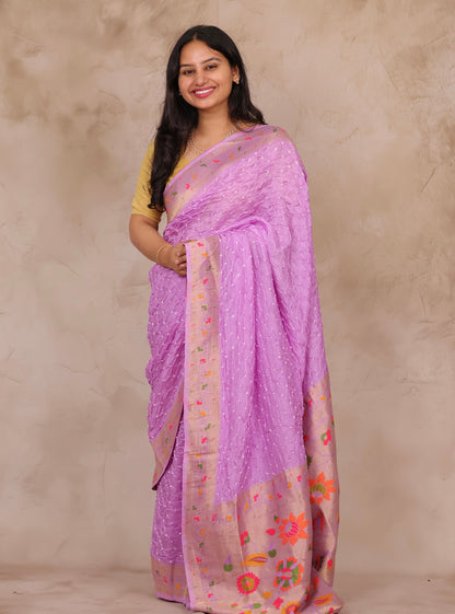 Orchid Pink Handcrafted Bandhani Paithani Dola Silk Saree | Looms & Tassels