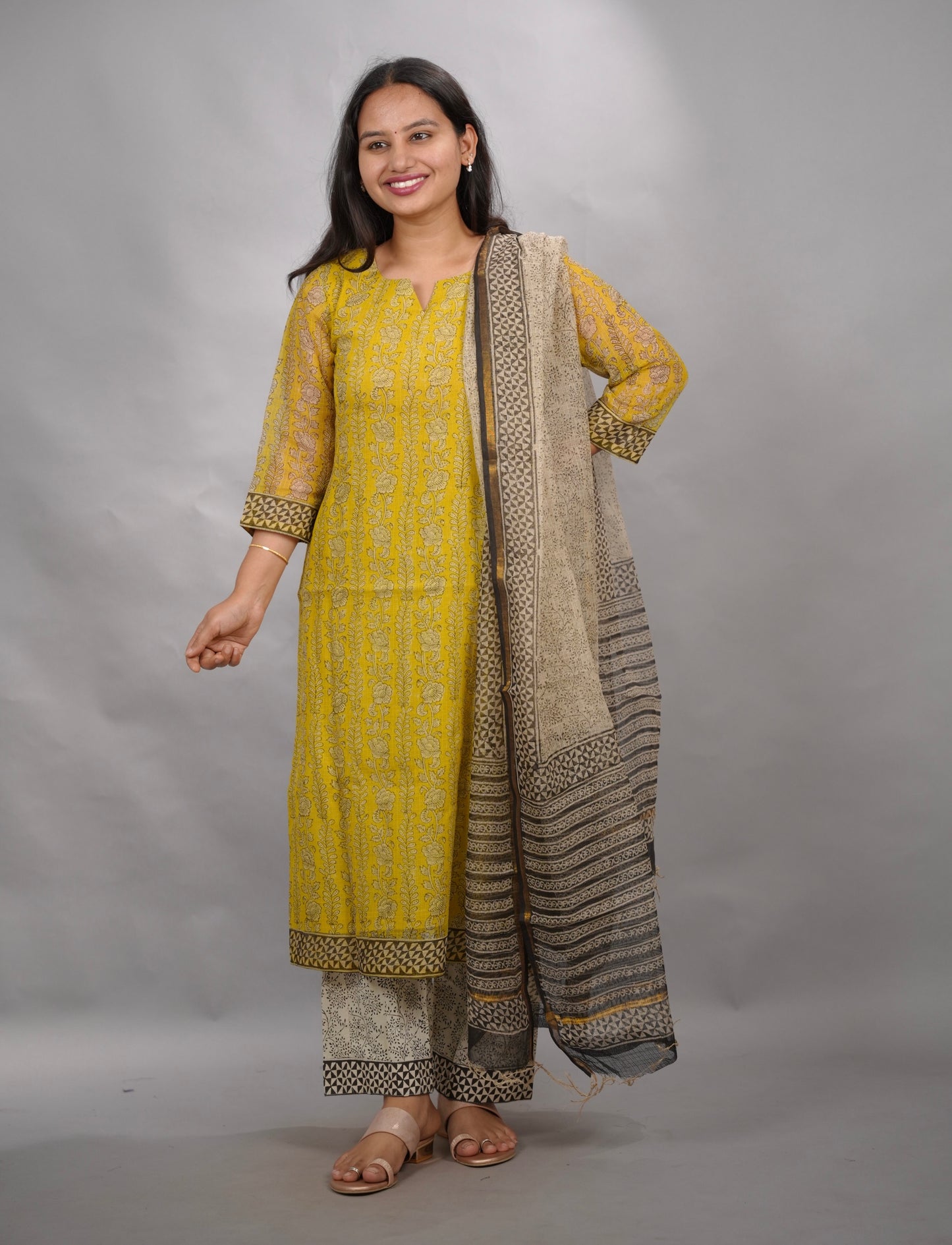 Yellow Handblock printed kota 3 piece suit (stitched)| Looms & Tassels