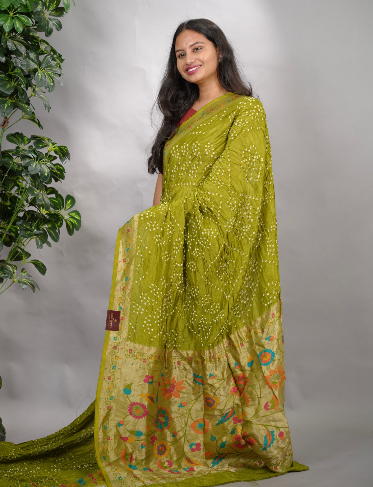 Olive Green Handcrafted Pattern Bandhani Paithani Dola Silk Saree | Looms & Tassels