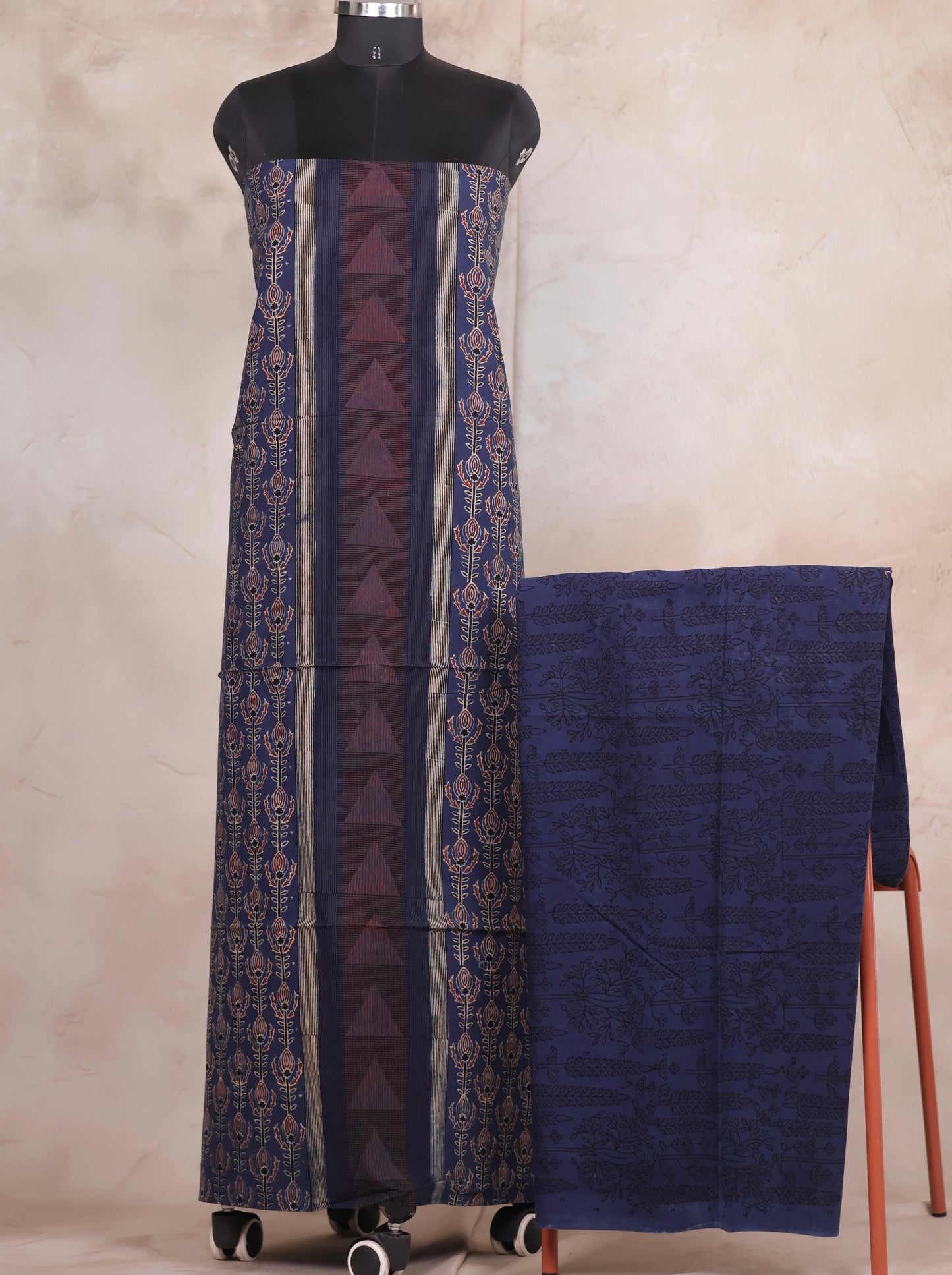 Indigo Ajrakh Handblock Printed Pure Cotton 3 piece suit set | Looms & Tassels