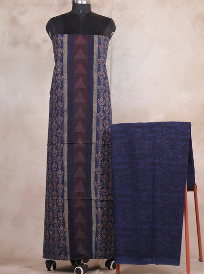 Indigo Ajrakh Handblock Printed Pure Cotton 3 piece suit set | Looms & Tassels