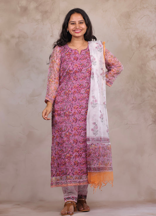 Pink Sangneri Handblock printed kota 3 piece suit (stitched)