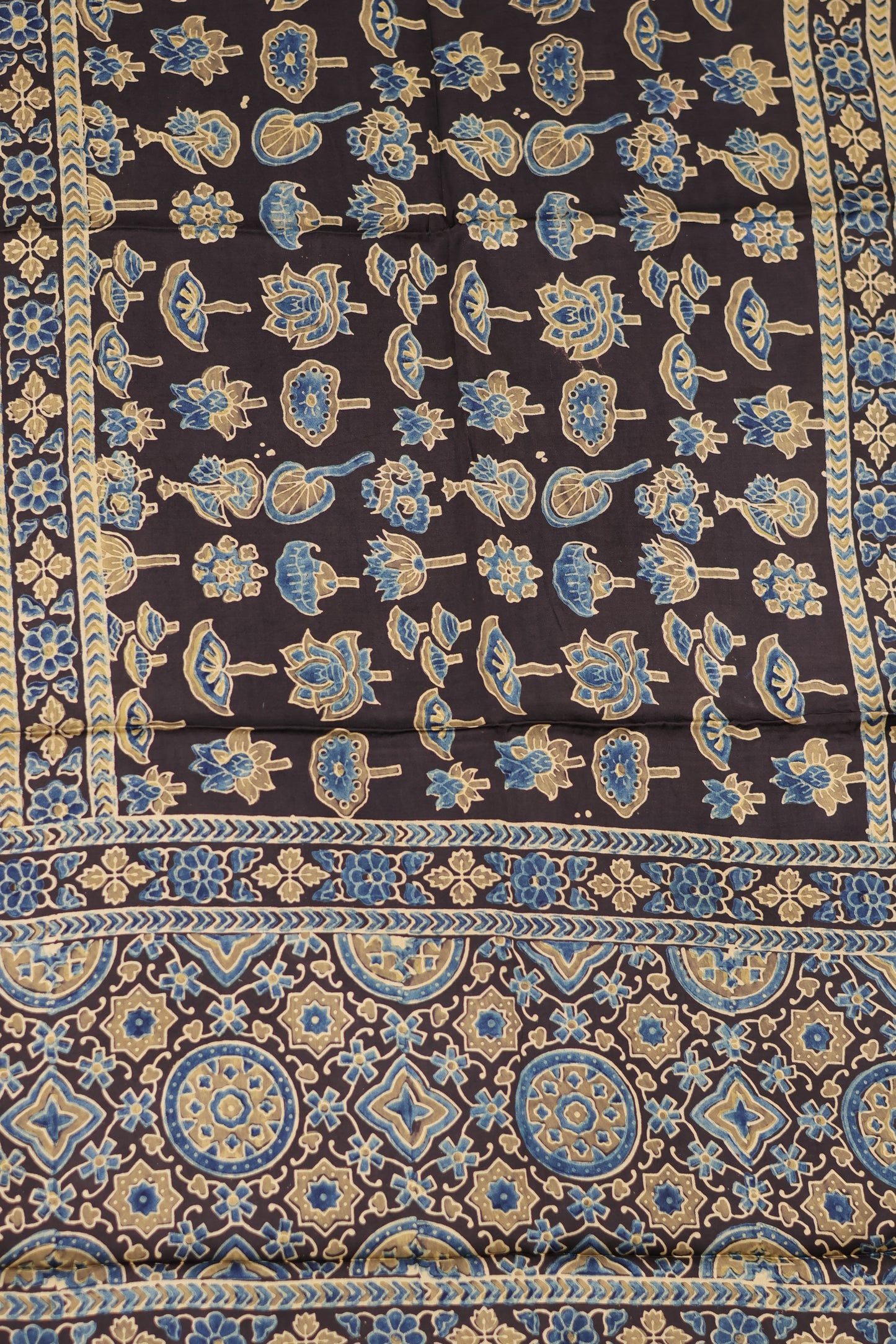 Black Ajrakh Hand Block Printed Modal Silk Stole | Looms & Tassels