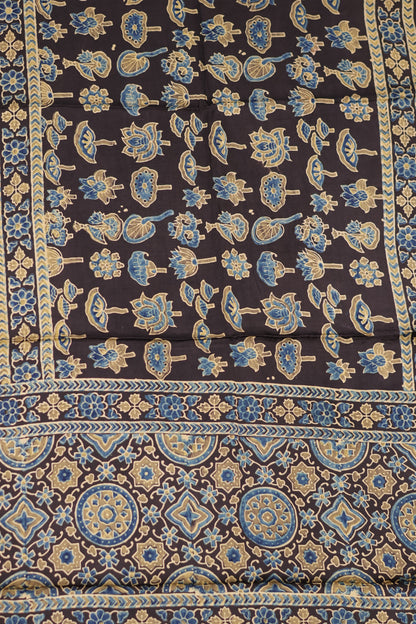 Black Ajrakh Hand Block Printed Modal Silk Stole | Looms & Tassels