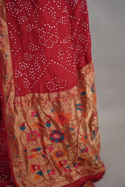Maroon Handcrafted  Pattern Bandhani Paithani Dola Silk Saree | Looms & Tassels