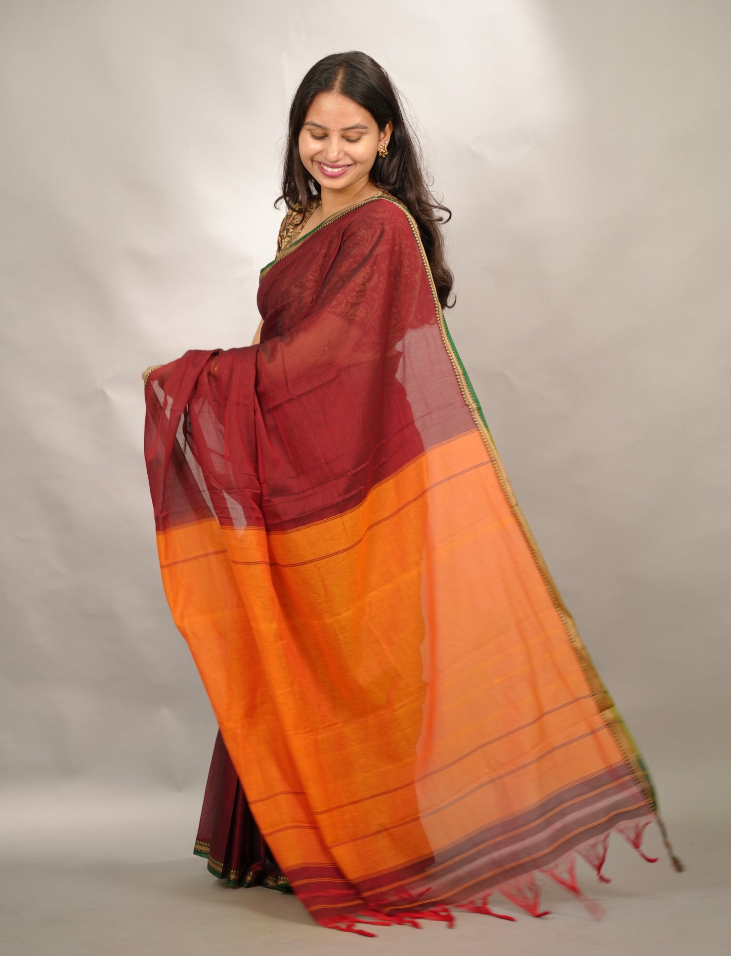 Deep Maroon Narayanpet Cotton Saree | Looms & Tassels