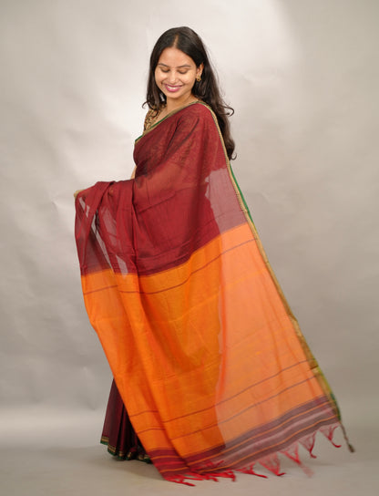 Deep Maroon Narayanpet Cotton Saree | Looms & Tassels