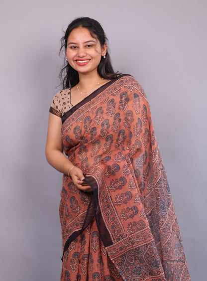 Rust Orange Ajrakh Hand Block Printed Kota Doria Saree | Looms & Tassels