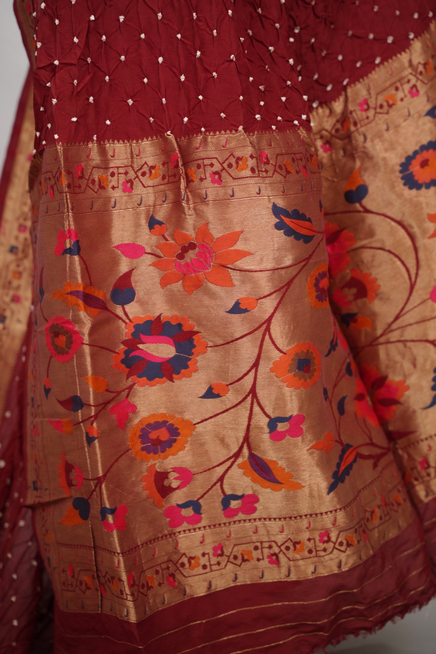 Maroon Handcrafted Bandhani Paithani Dola Silk Saree | Looms & Tassels