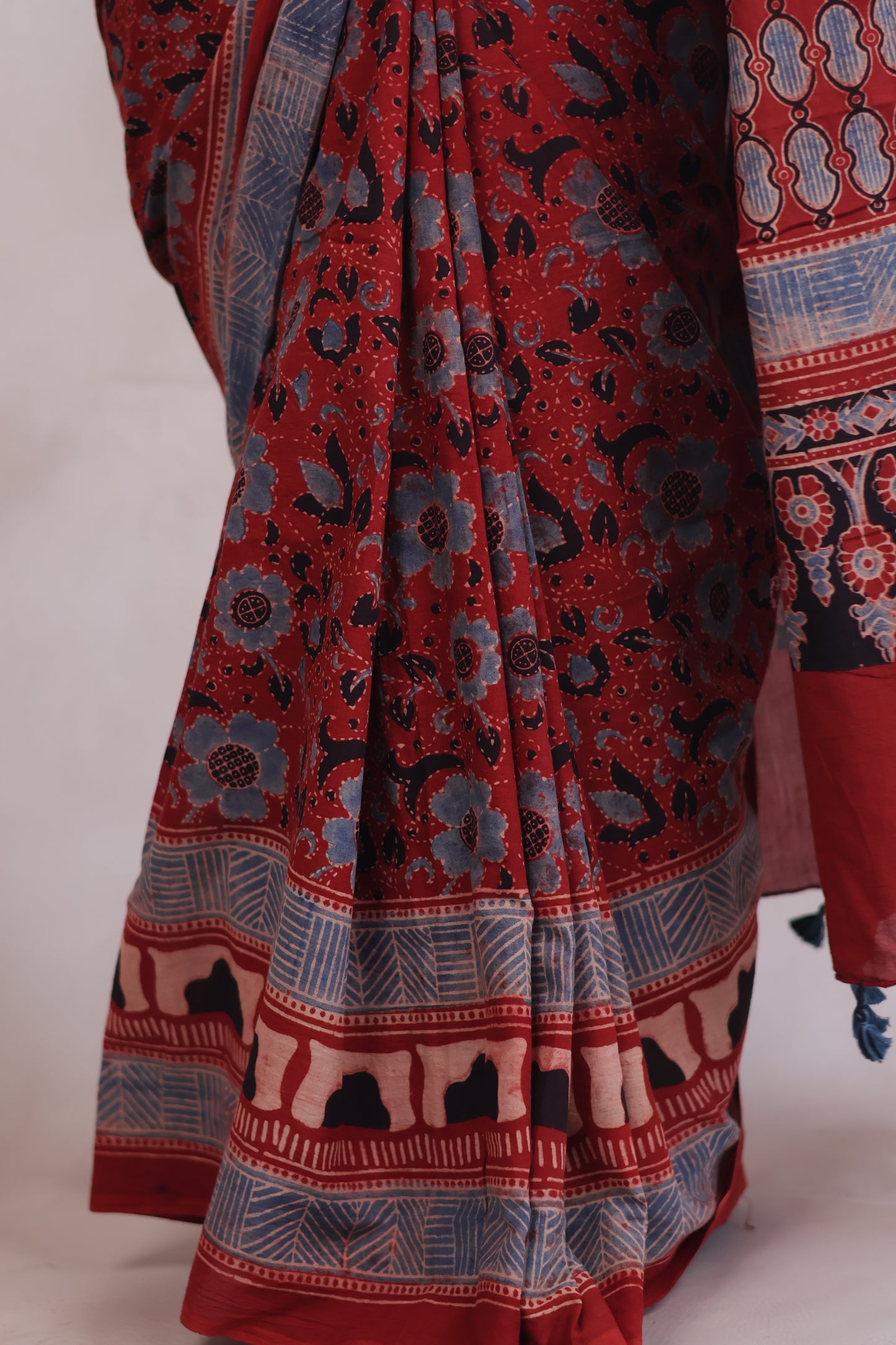 Red Ajrakh Hand Block Printed Mul Cotton Saree | Looms & Tassels