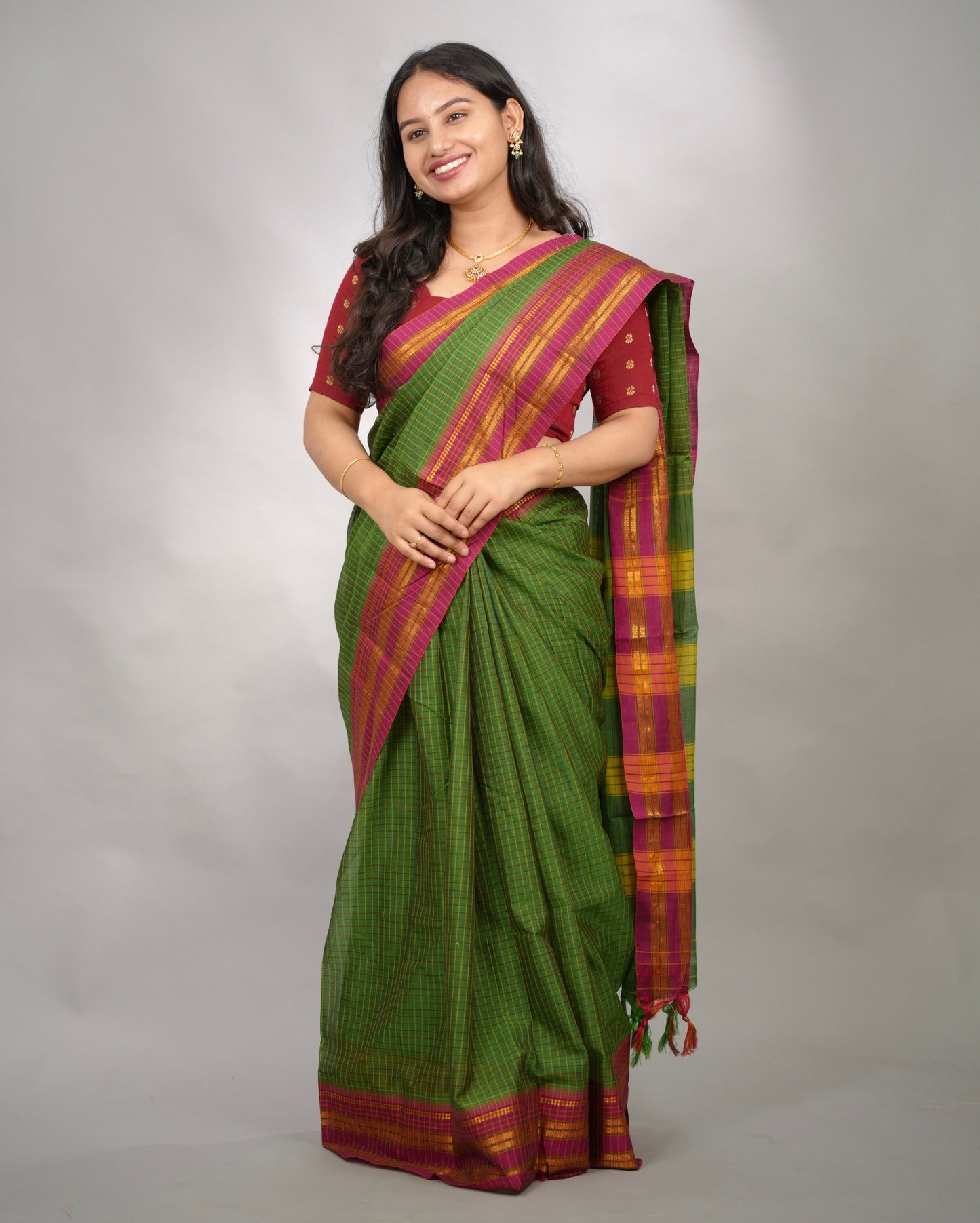 Parrot Green Checks Narayanpet Cotton Saree with Traditional contrast Border | Looms & Tassels