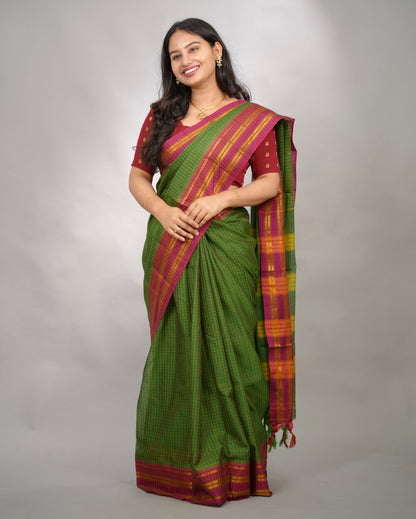 Parrot Green Checks Narayanpet Cotton Saree with Traditional contrast Border | Looms & Tassels