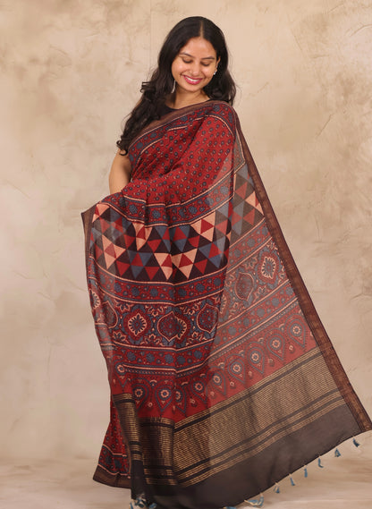 Maheswari Silk Cotton Ajrakh Handblock Printed Saree | Looms & Tassels