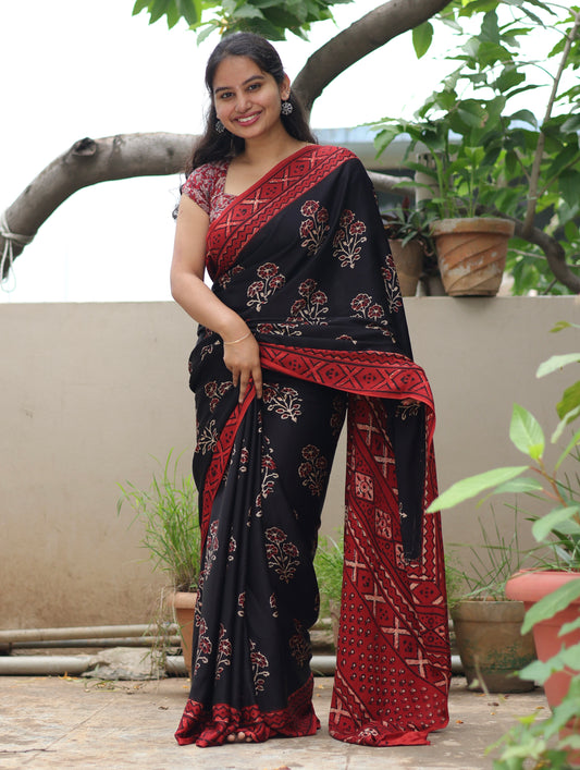 Black Ajrakh Modal Silk Saree