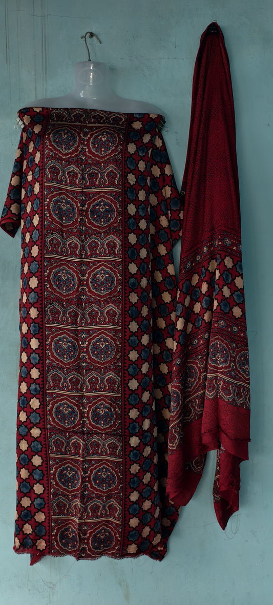 Handblock printed Ajrakh modal silk 2 piece suit set