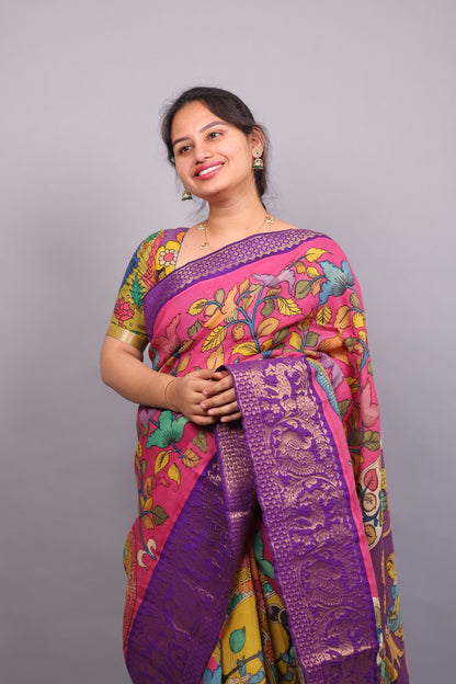 Pink Hand Painted Pen Kalamkari Silk Saree