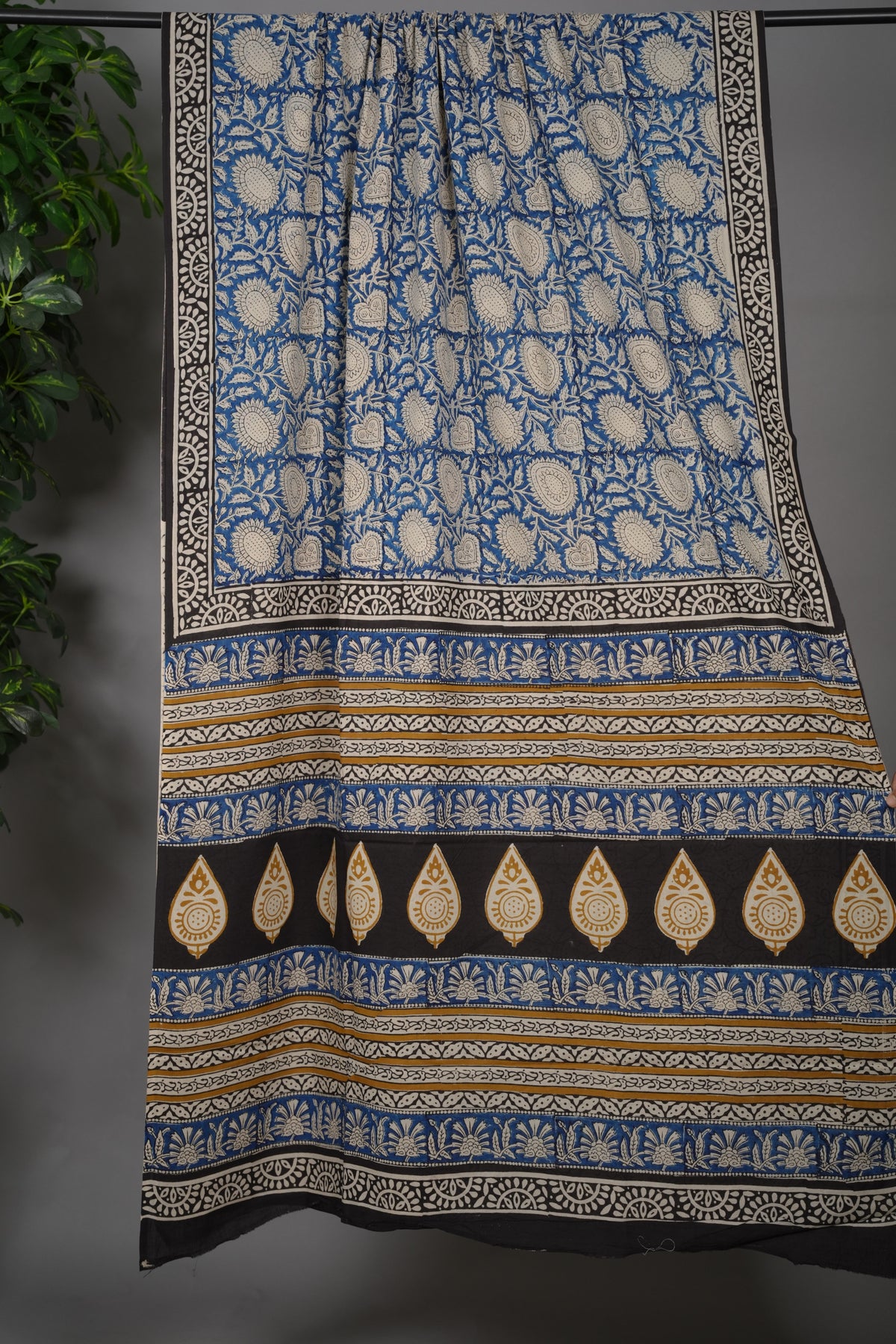 Blue Bagru Handblock printed MulMul cotton saree | Looms & Tassels