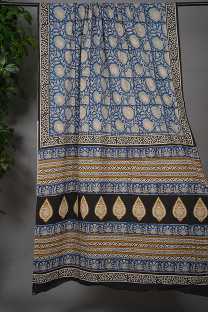 Blue Bagru Handblock printed MulMul cotton saree | Looms & Tassels