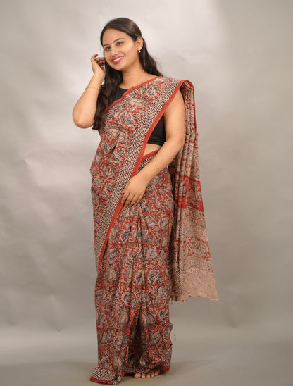 Red Hand Block Printed Kalamkari Cotton Saree | Looms & Tassels