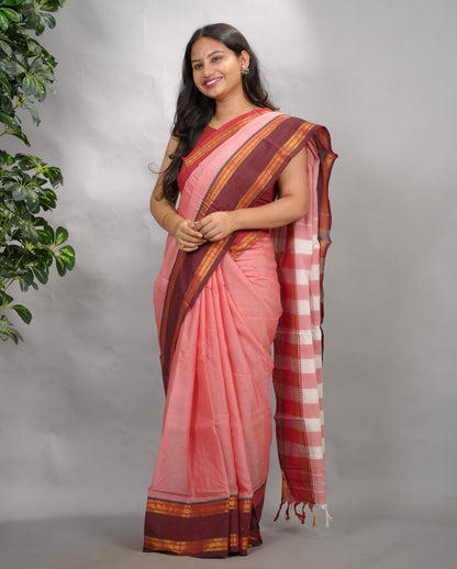 Onion Pink Narayanpet Cotton Saree With Ganga And Jamuna Border | Looms & Tassels