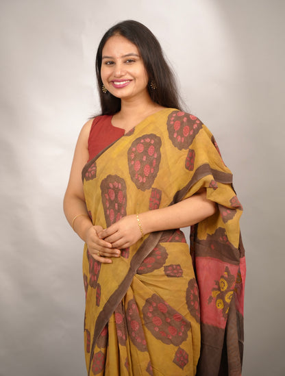 Mustard Georgette Hand Block Printed Saree| Looms & Tassels