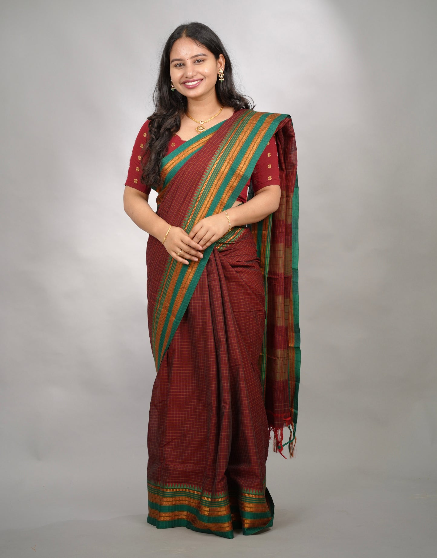 Maroon Checks Narayanpet Cotton Saree with Traditional contrast Border | Looms & Tassels