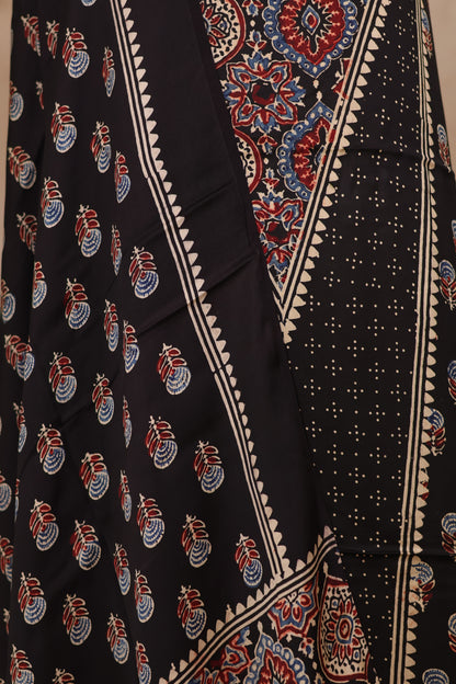Black Ajrakh Handblock Printed Modal Silk 2 Piece Suit Set | Looms & Tassels