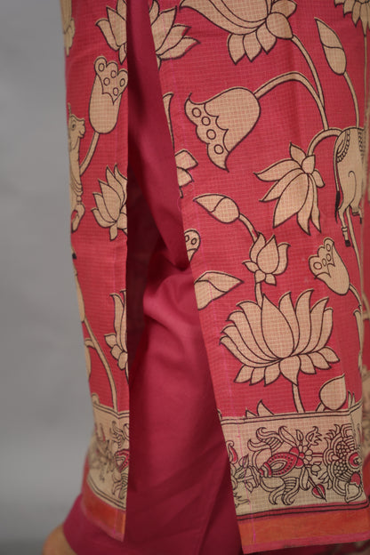 Pink Pichwai Kalamkari Kota Cotton 3 piece suit set (stitched) | Looms & Tassels
