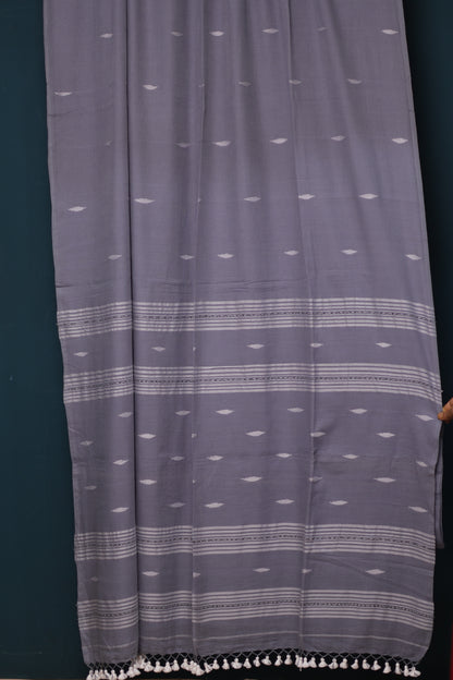 Grey Pure Handwoven Malai Cotton Saree with Butta Weaving