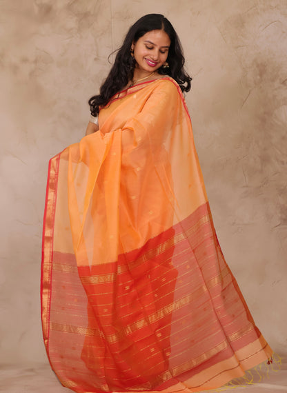 Pastel Orange Handloom Maheswari Silk Cotton Sarees | Looms & Tassels