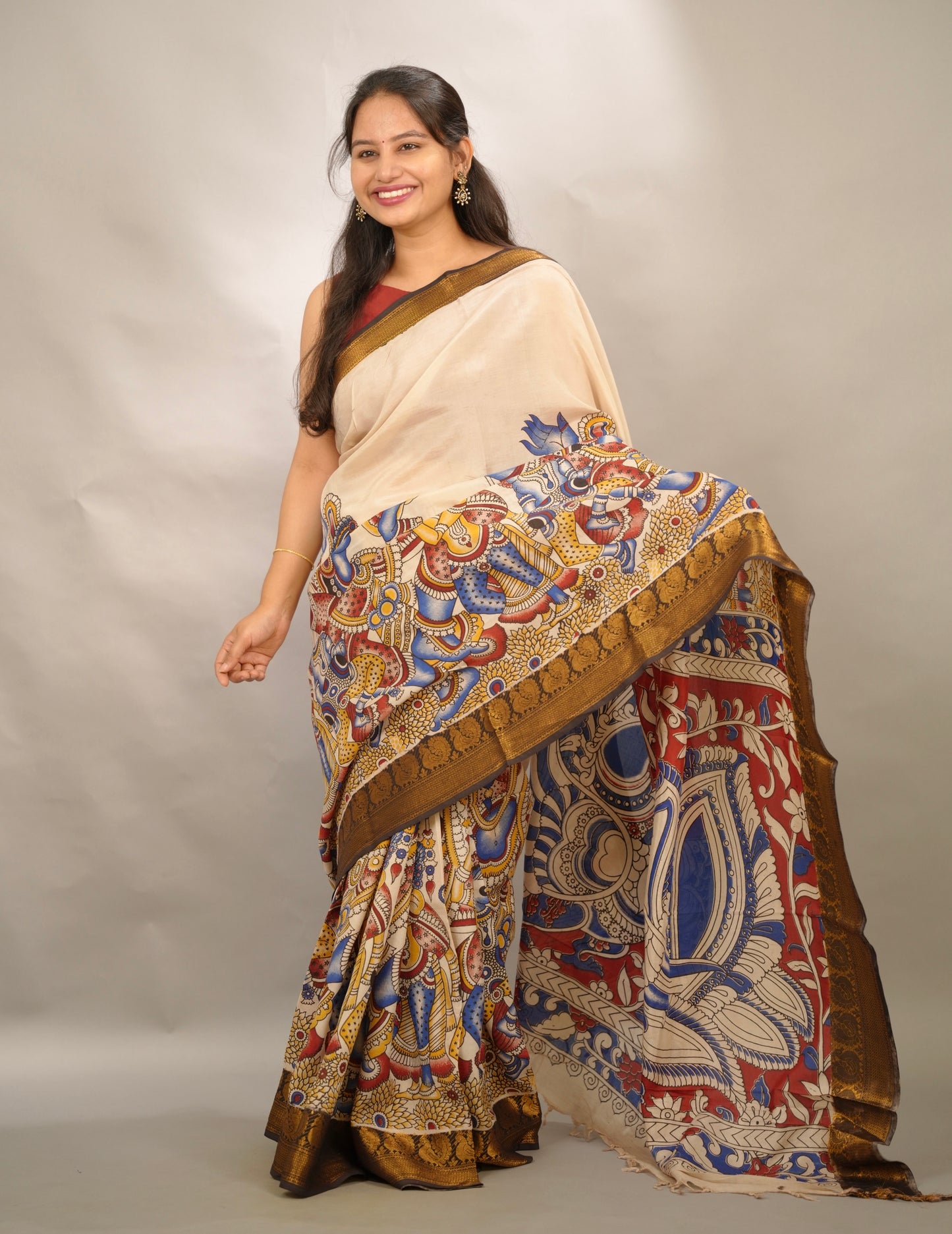 Cream Kanchi border Kalamkari Chennur Silk Saree | Looms & Tassels