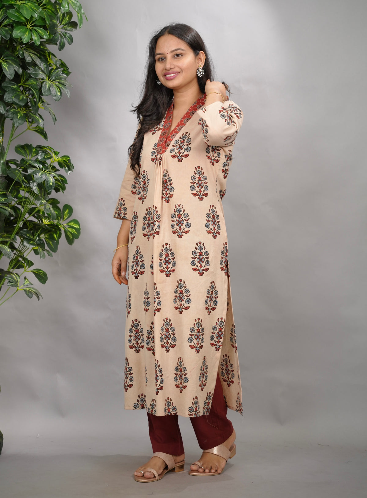 Cream Ajrakh Cotton Patchwork Aline Kurta | Looms & Tassels