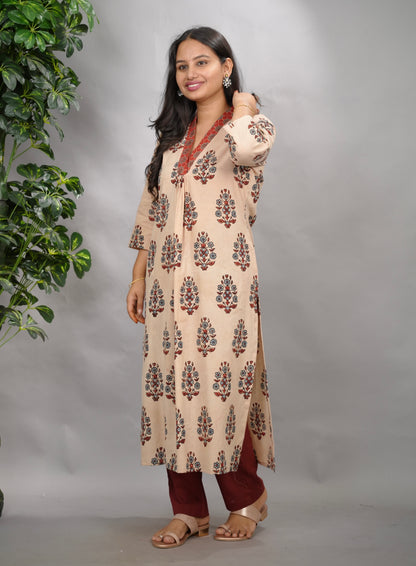 Cream Ajrakh Cotton Patchwork Aline Kurta | Looms & Tassels
