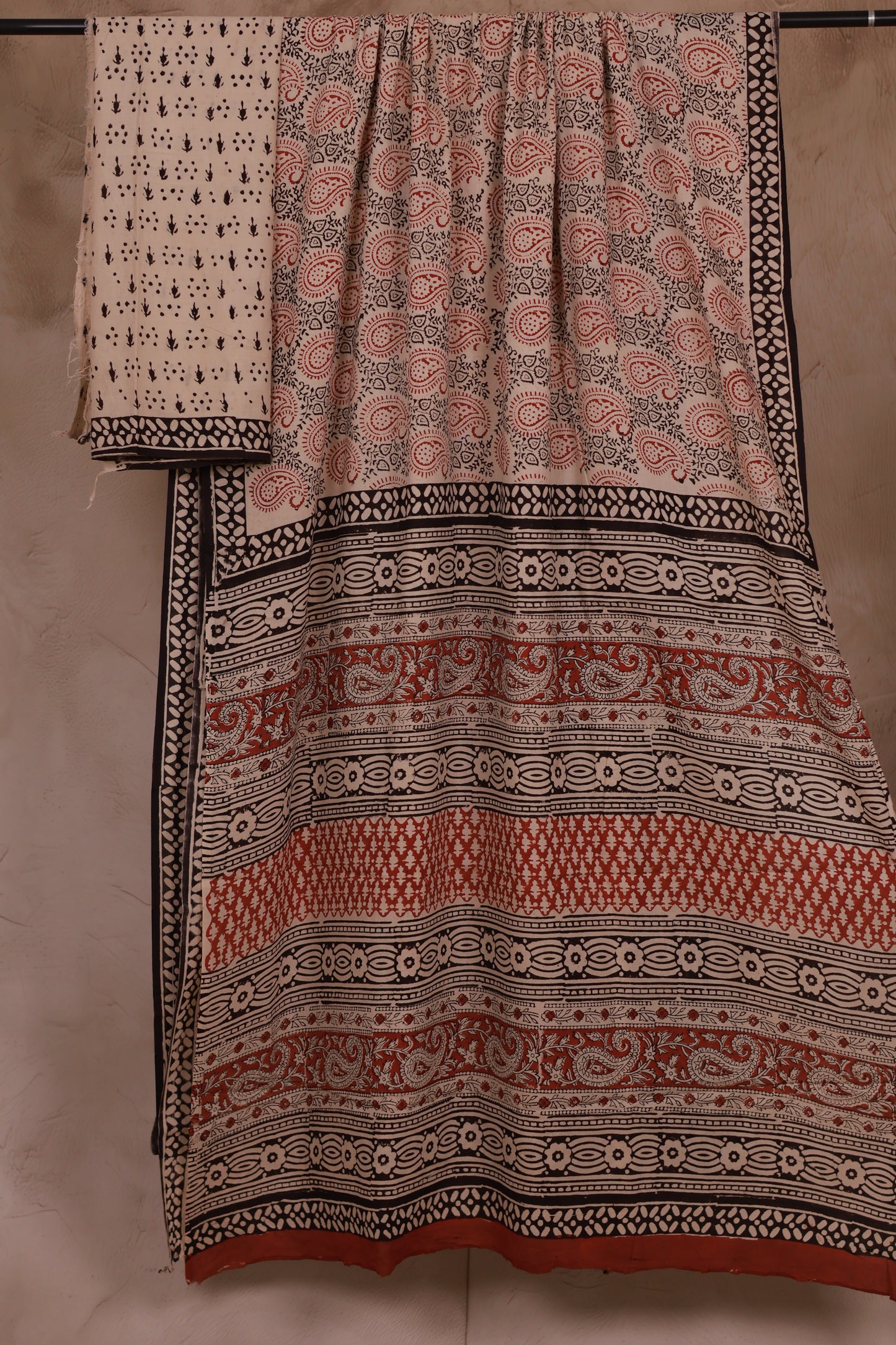 Cream Bagru Handblock printed MulMul cotton saree | Looms & Tassels